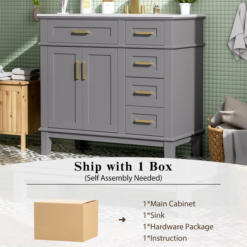 36" Gray Modern Bathroom Vanity with Ceramic Sink by HouseOfZazla