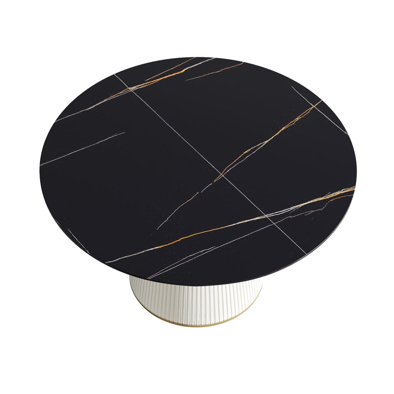 Modern Artificial Stone Round Plywood Base Dining Table, Can Accommodate 6 People, (Not Including Chairs) - Black / Beige by HouseOfZazla