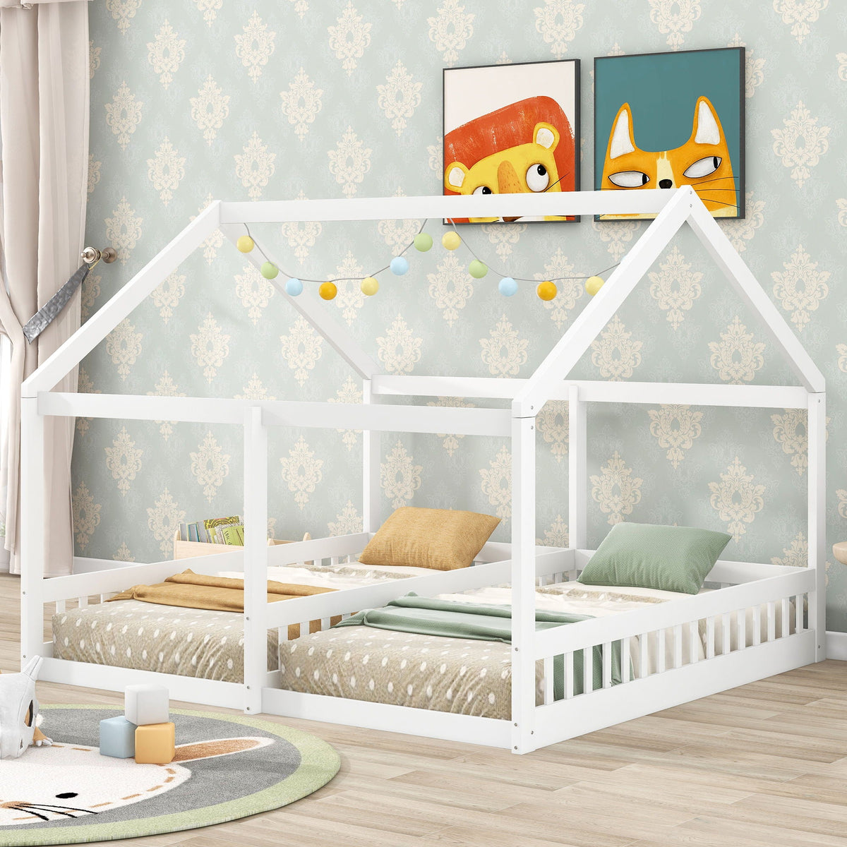 House Platform Beds with Guardrails - Metal, Twin Size, White, Dark Gray, Black, photo 24 of 29