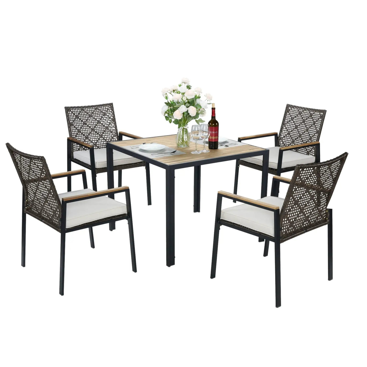 5 Piece Patio Dining Table Set, Acacia Wood Table Top With Umbrella Hole by HouseOfZazla