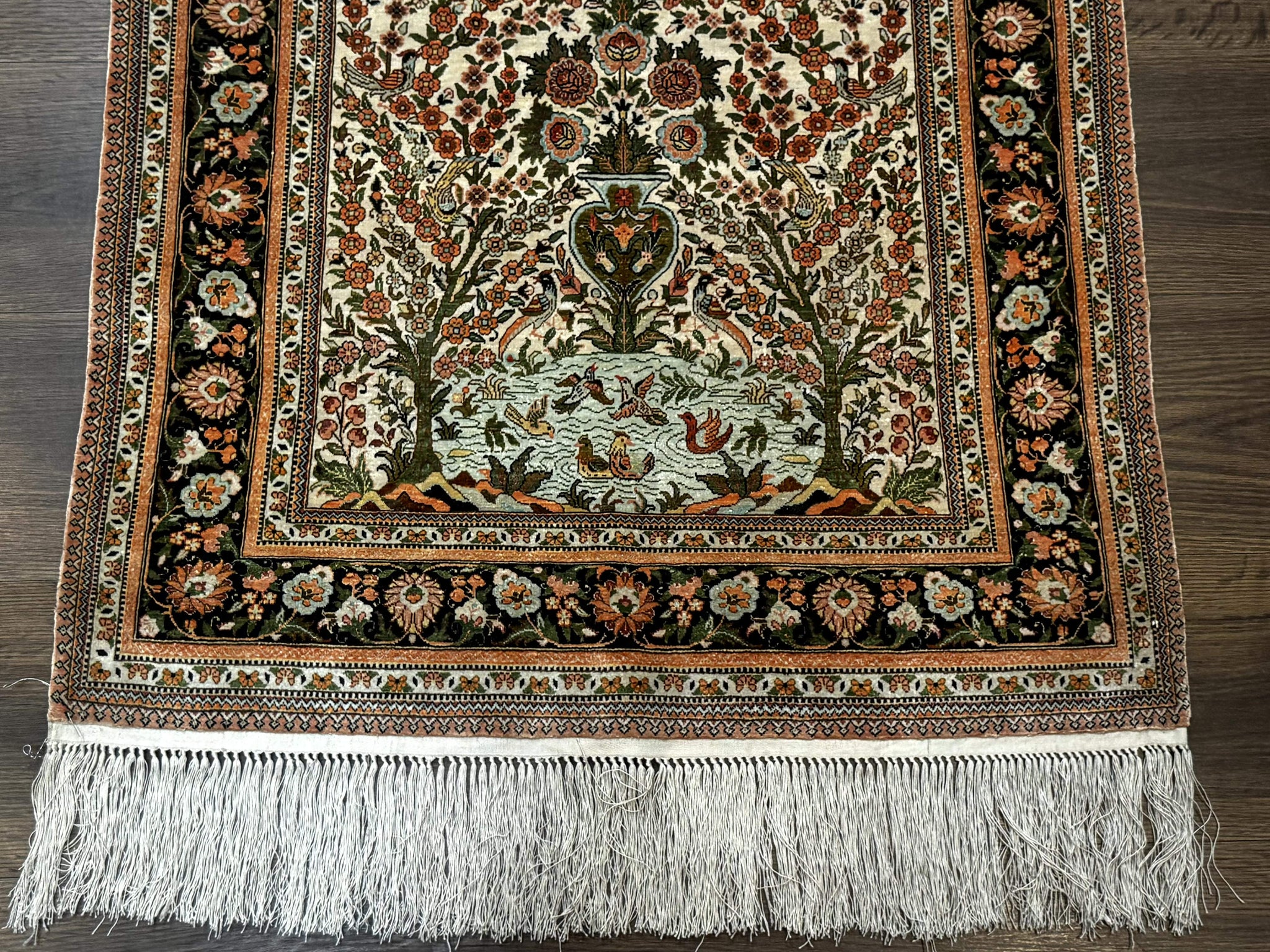 Exceptional Silk Rug 2.6 x 4, Very Fine 630 KPSI, Persian Vase Tree of Life Bird Pictorials, Handmade by Jewel Rugs
