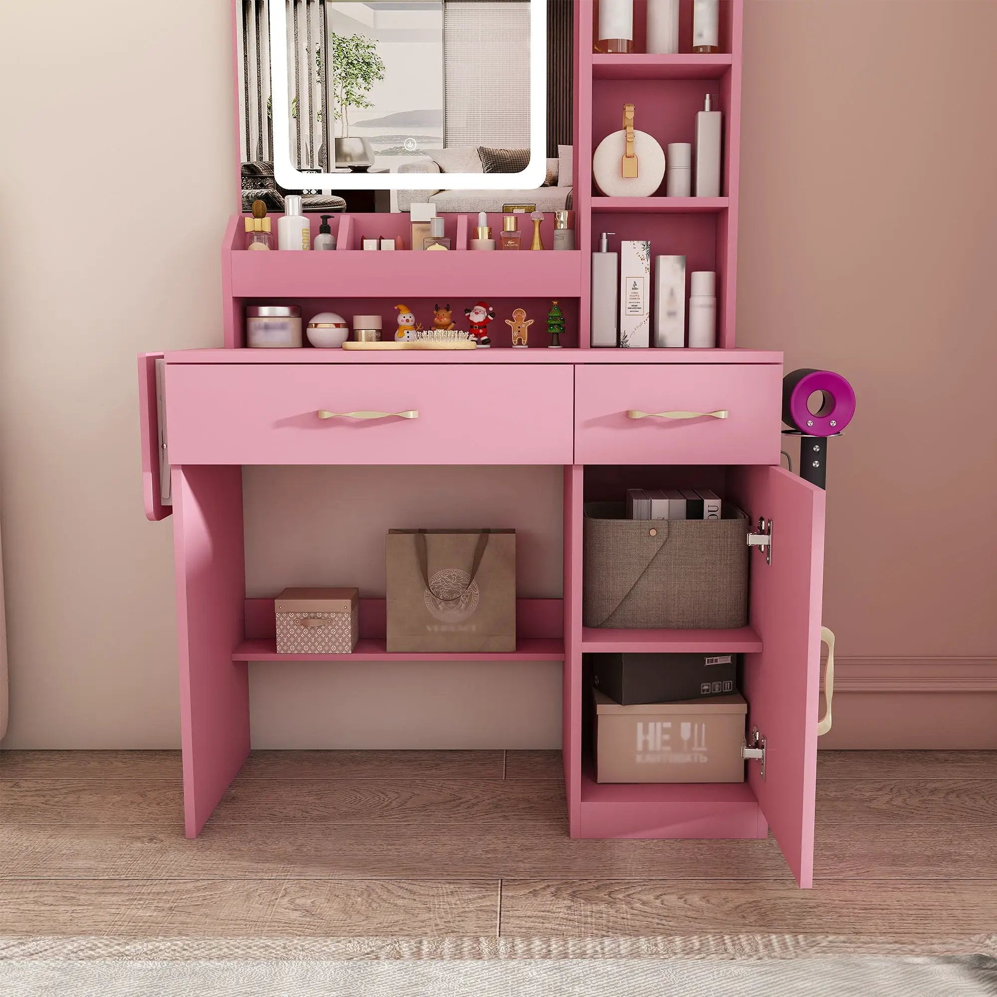 Vanity Desk With LED Mirror Lights And Power Outlet Charging Station, 3 Drawers, 7 Shelves, Storage Stool - Pink by HouseOfZazla