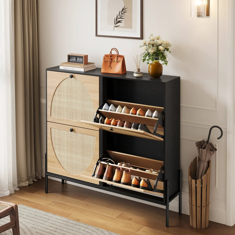 Space-Saving Rattan Shoe Cabinet with 4 Flip-Down Doors by HouseOfZazla