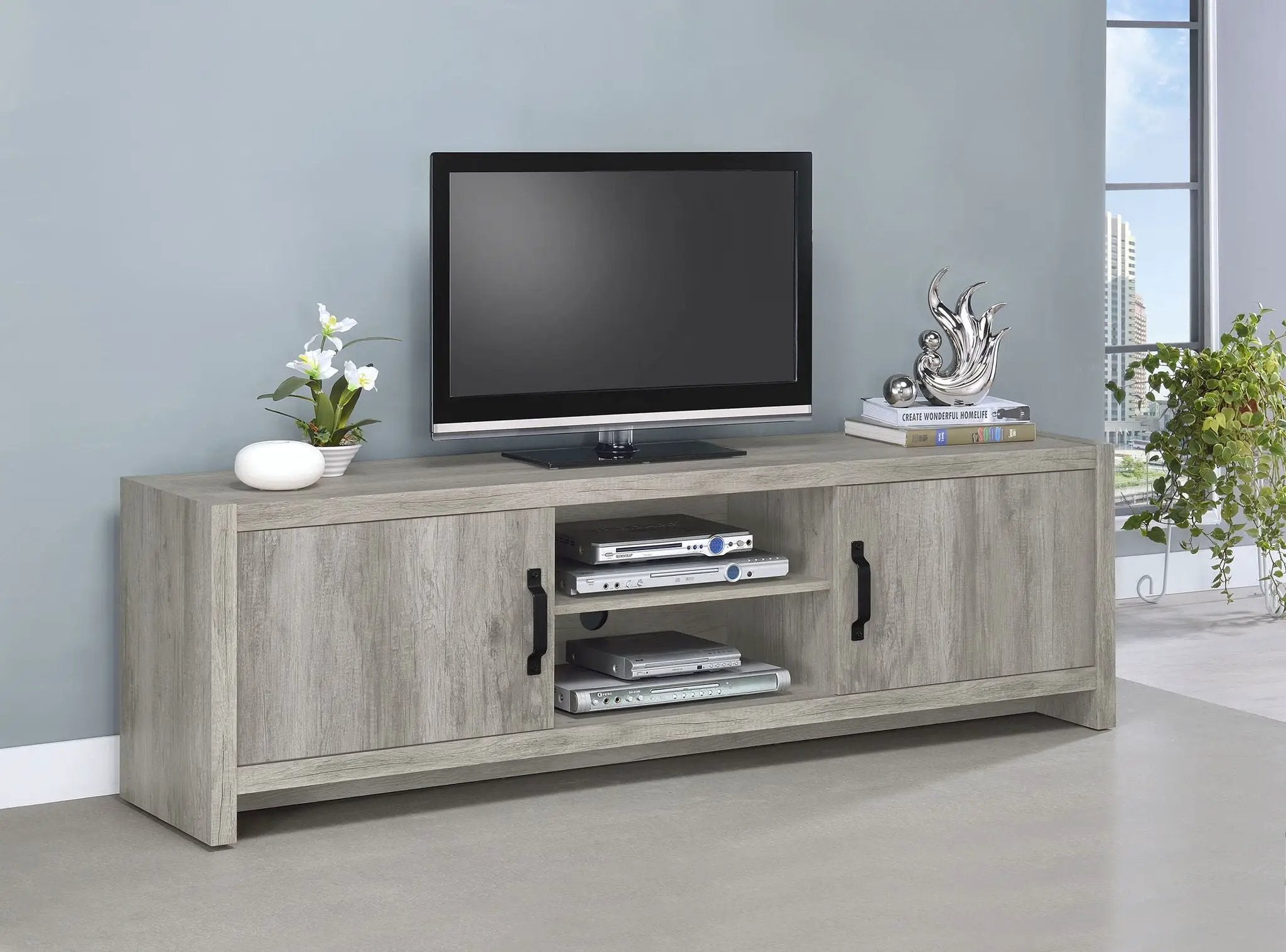 Burke 2-door Engineered Wood 71-inch TV Stand Grey Driftwood by Unique Piece Furniture