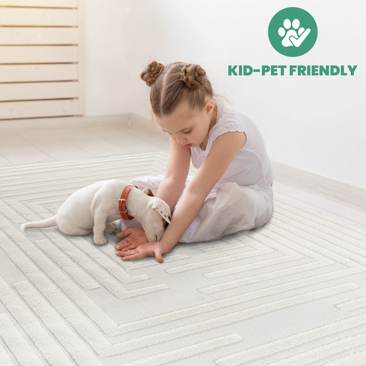 High-Low Striped Area Rug with Contemporary Geometric Design - Cream, photo 4 of 7