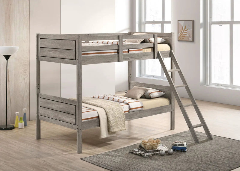 Ryder Wood Twin Over Twin Bunk Bed with Mattress Weathered Taupe by Unique Piece Furniture