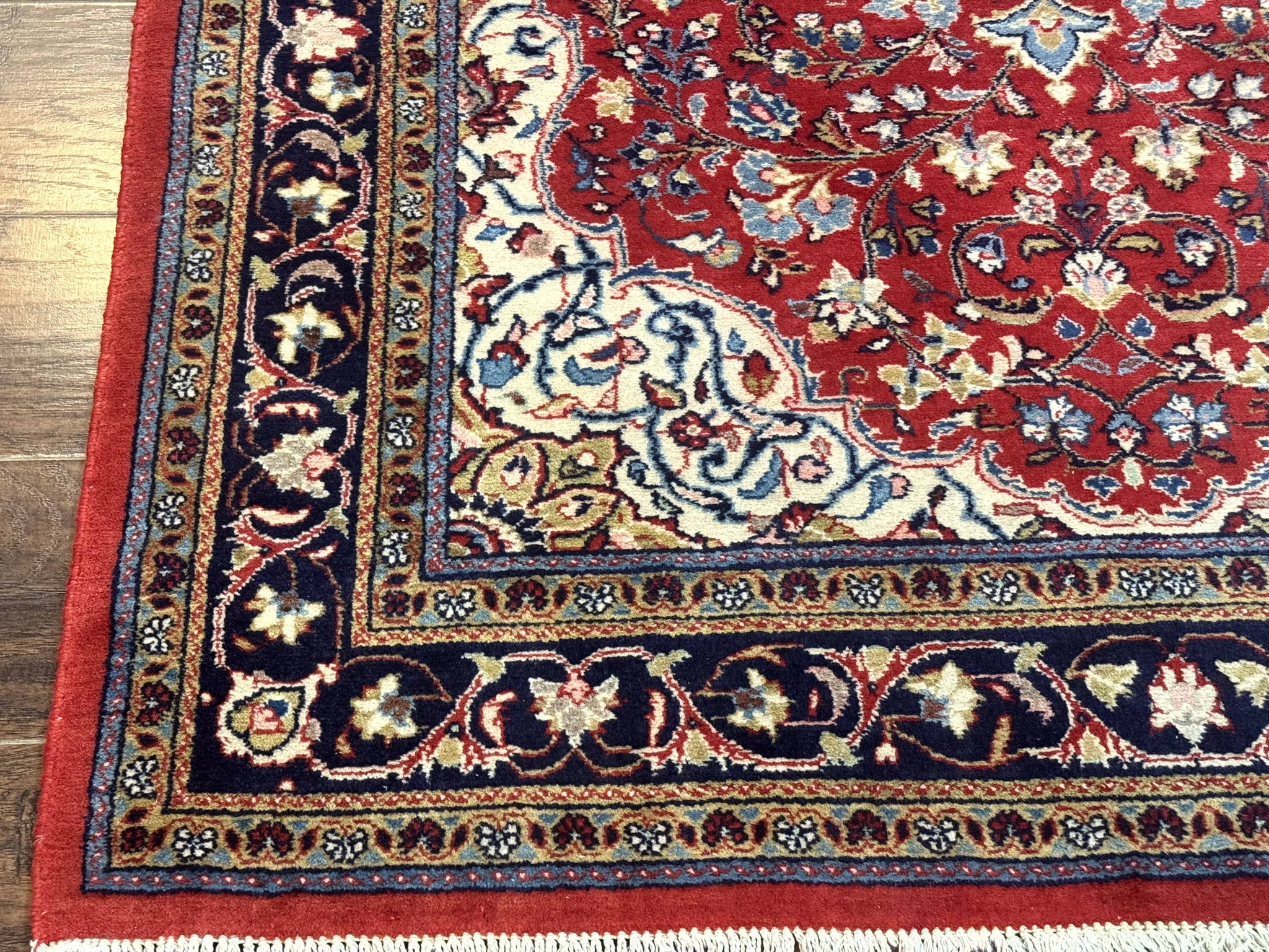Persian Sarouk Rug 4x7, Red Navy Blue Vintage Wool Medallion Carpet by Jewel Rugs