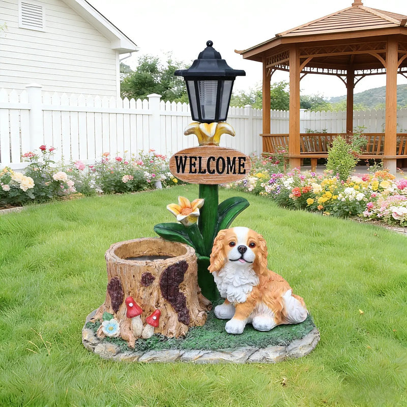 Sitting Dog Solar Lantern Planter Statue