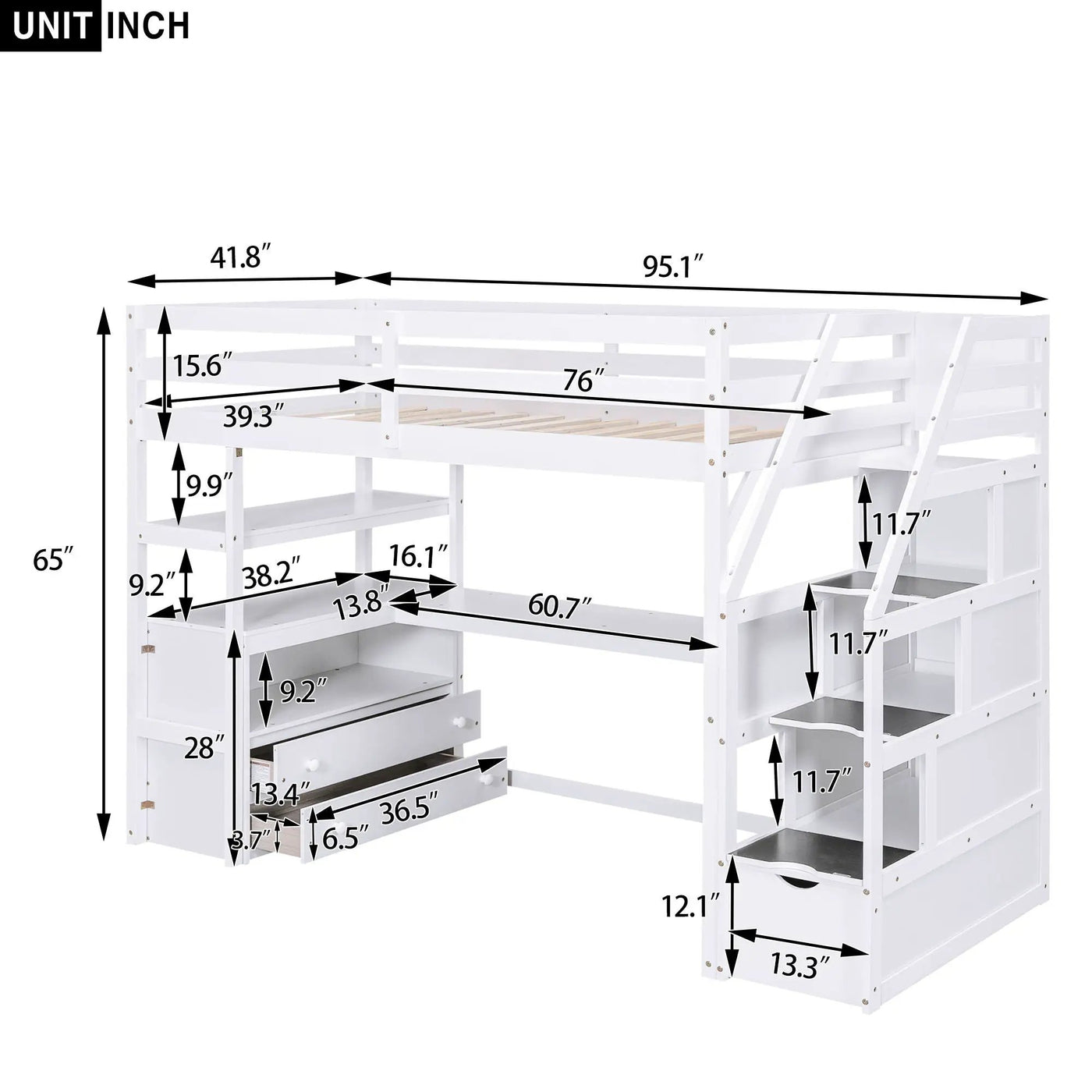 Loft Bed With Desk, Shelves, 2 Drawers, Storage Staircase by Unique Piece Furniture