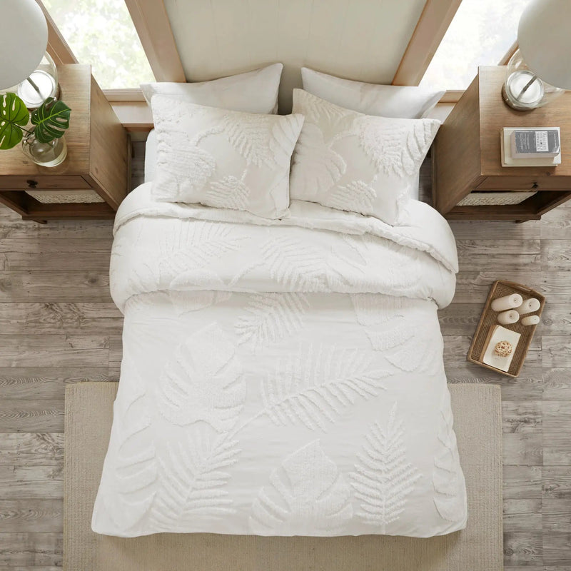 3 Piece Tufted Cotton Chenille Palm Comforter Set Off-White King/Cal King by HouseOfZazla