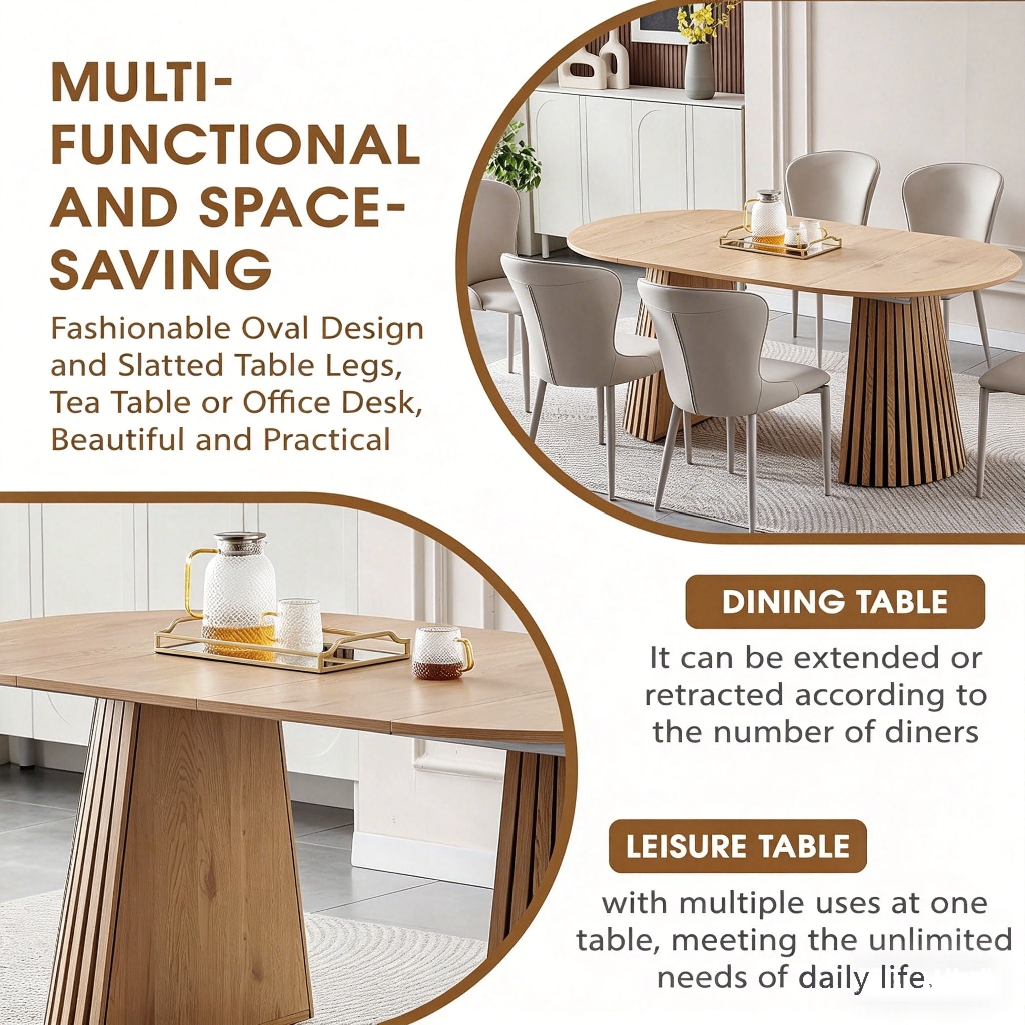 Dining Table, Flexible Extendable Oval Design With Slatted Legs - Natural Wood by HouseOfZazla