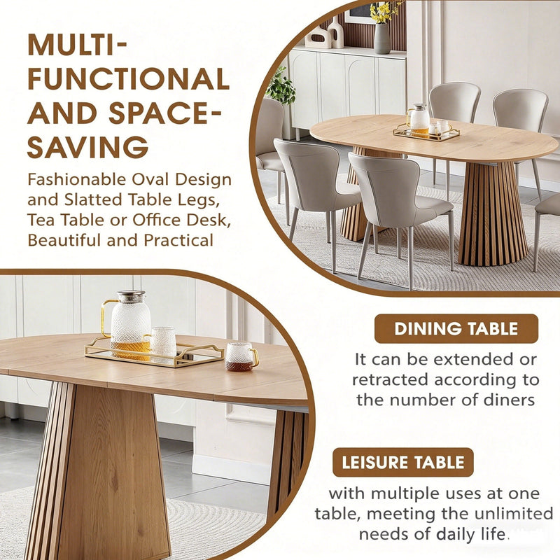 Dining Table, Flexible Extendable Oval Design With Slatted Legs - Natural Wood by HouseOfZazla