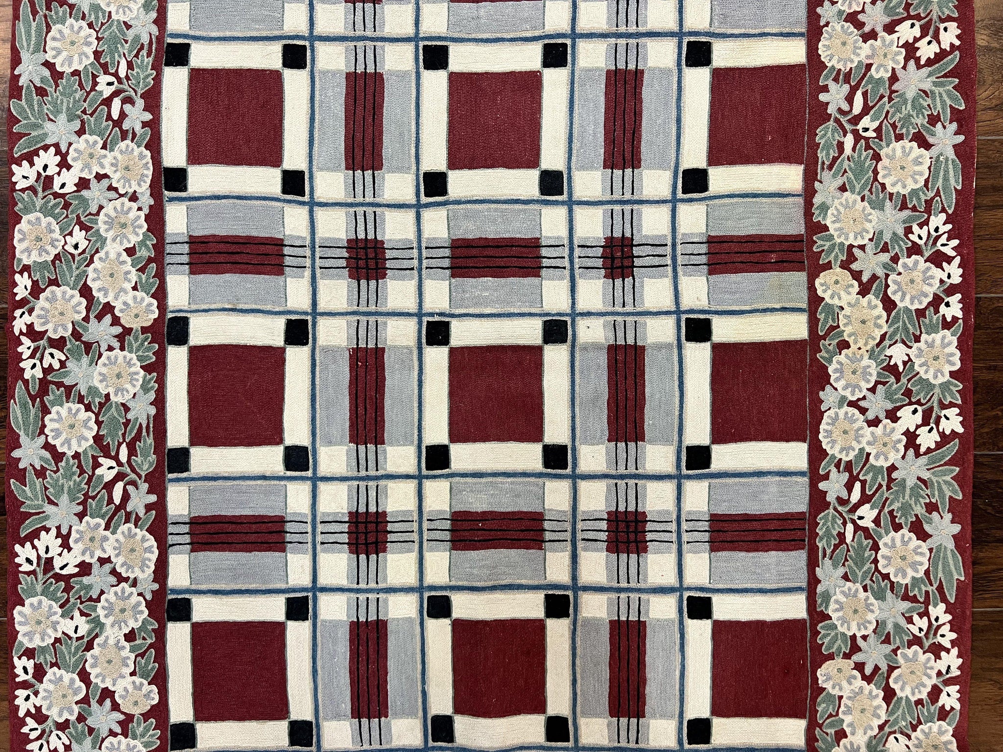 Indian Hand Stitched Rug 4x6, Vintage Carpet, Checkerboard Floral Pattern, Maroon Ivory, Flatweave, Wool by Jewel Rugs
