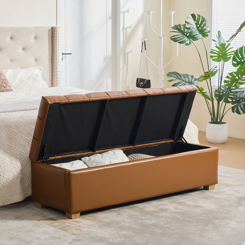 60.2'' Wide Upholstered PU Storage End of Bed Bench, Tufted Flip-Top Accent Window Bench Footrest Stool Ottoman with Legs for Living Room, Bedroom, Entryway, Dining Room, Dorm, Corner, Burnt, photo 4 of 9