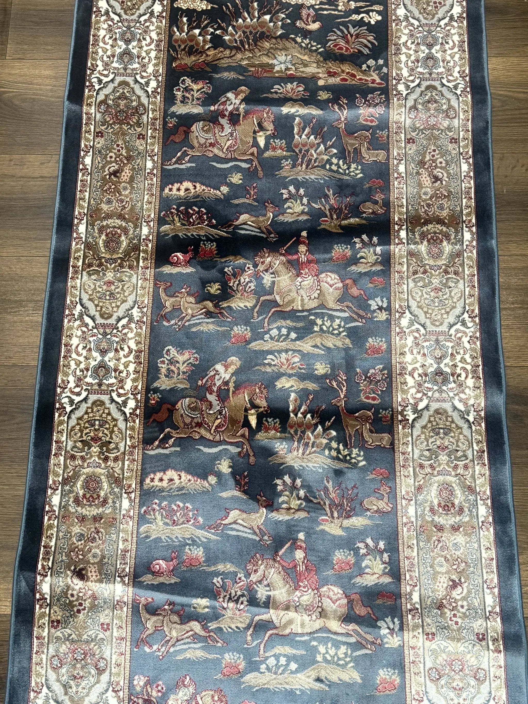 Turkish Silk Rug 2.6 x 6.7, Short Runner Rug, Blue & Ivory, Bamboo Silk, New by Jewel Rugs