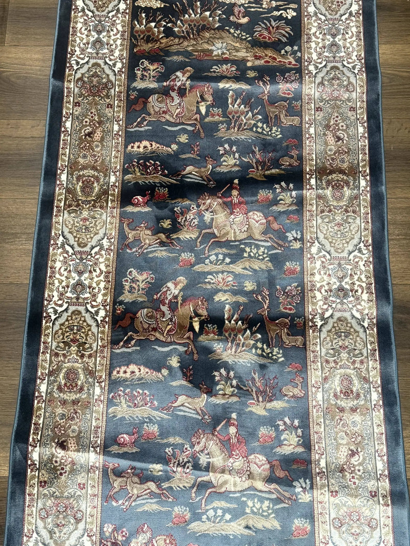 Turkish Silk Rug 2.6 x 6.7, Short Runner Rug, Blue & Ivory, Bamboo Silk, New by Jewel Rugs