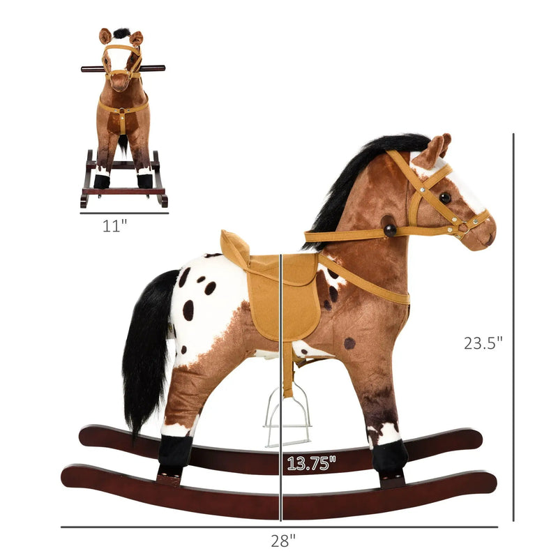 Qaba - Kids Metal Plush Ride-On Rocking Horse Chair Toy With Realistic Sounds - Dark Brown / White by Unique Piece Furniture