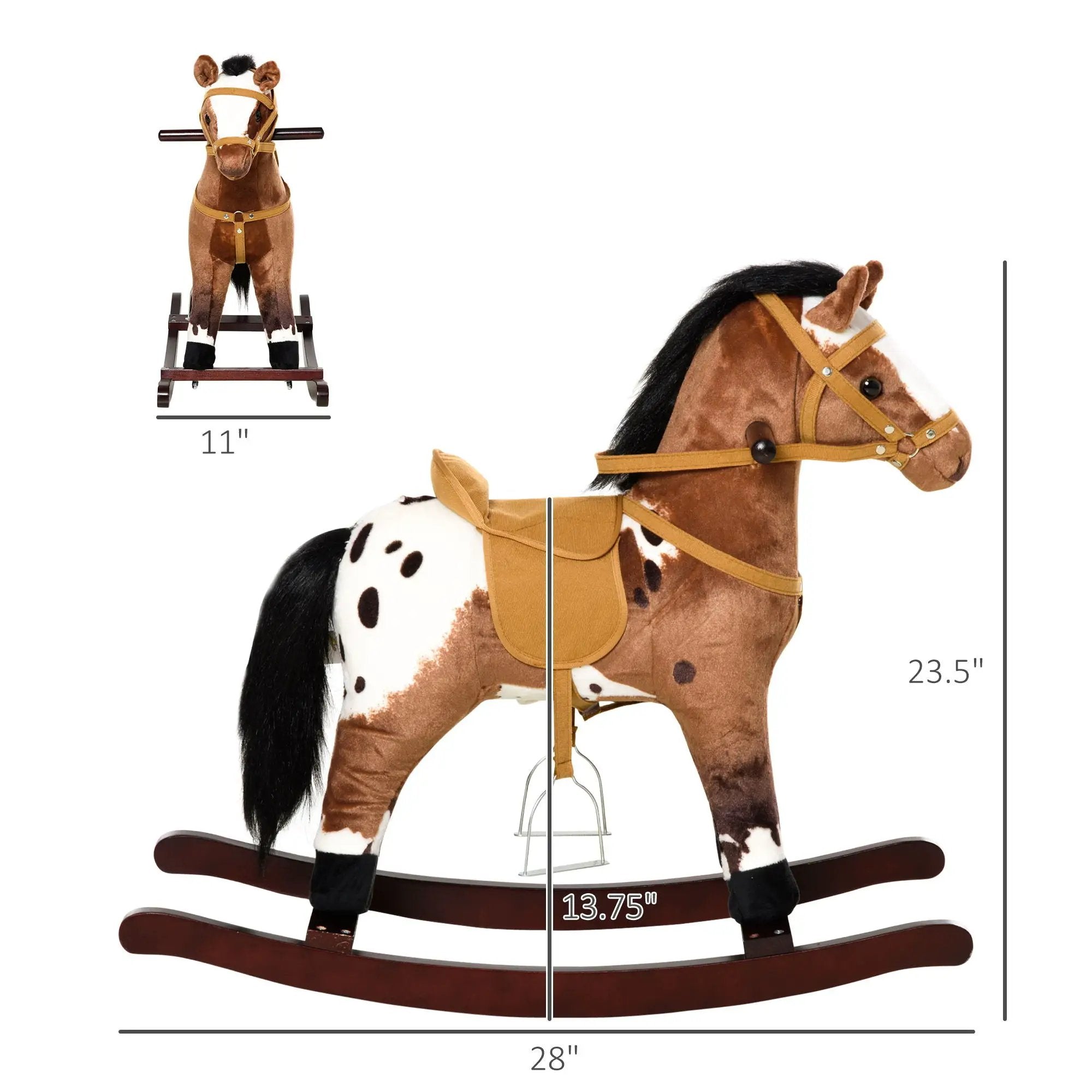 Qaba - Kids Metal Plush Ride-On Rocking Horse Chair Toy With Realistic Sounds - Dark Brown / White by HouseOfZazla