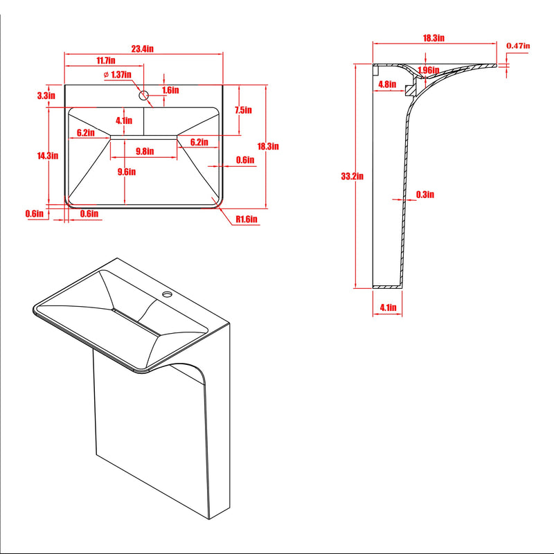 Modern Wall-Mounted Solid Surface Pedestal Sink by HouseOfZazla