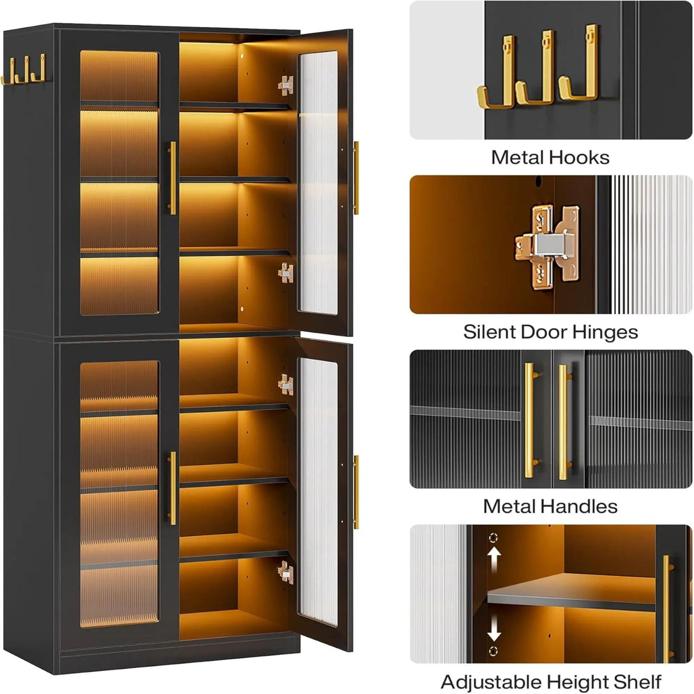 Bookcase With Doors And LED Lighting, 8 Adjustable Shelves Storage Cabinet by HouseOfZazla
