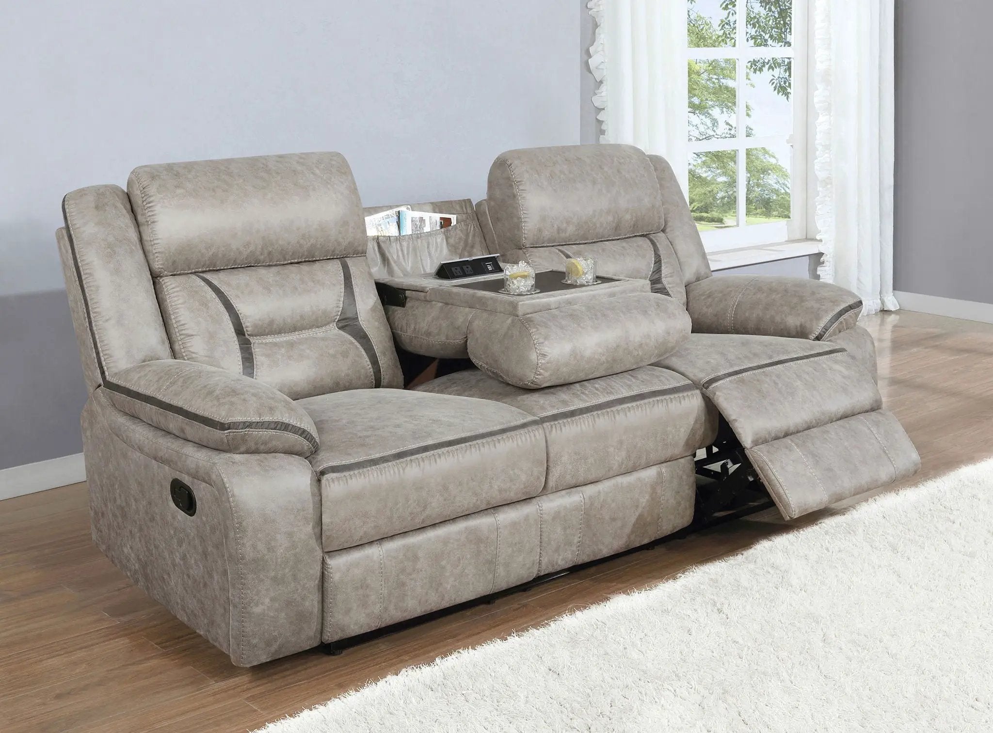 Greer Upholstered Motion Reclining Sofa Taupe by Unique Piece Furniture