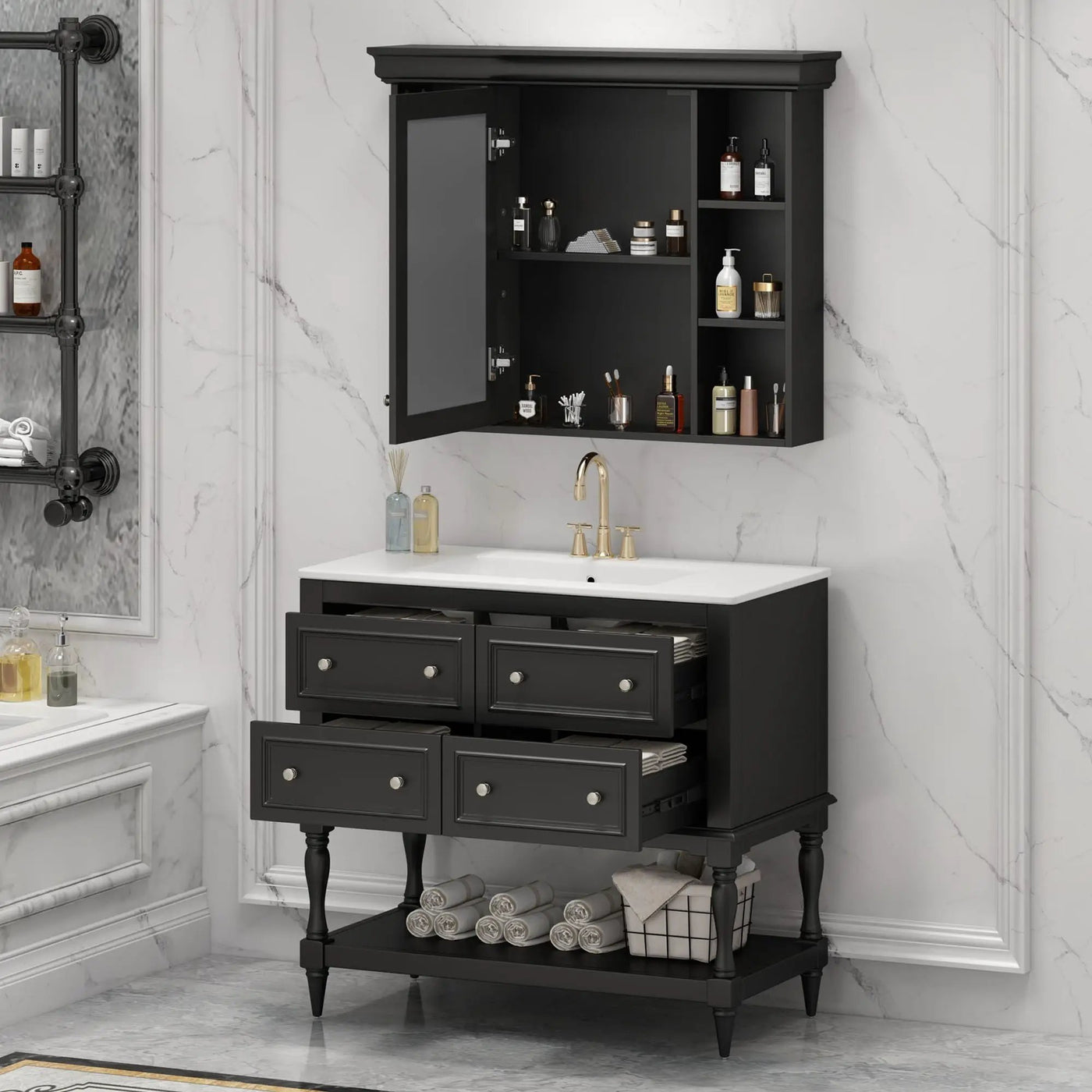 Bathroom Vanity With Medicine Cabinet, Storage Cabinet With 4 Drawers, Adjustable Shelf Mirror by HouseOfZazla