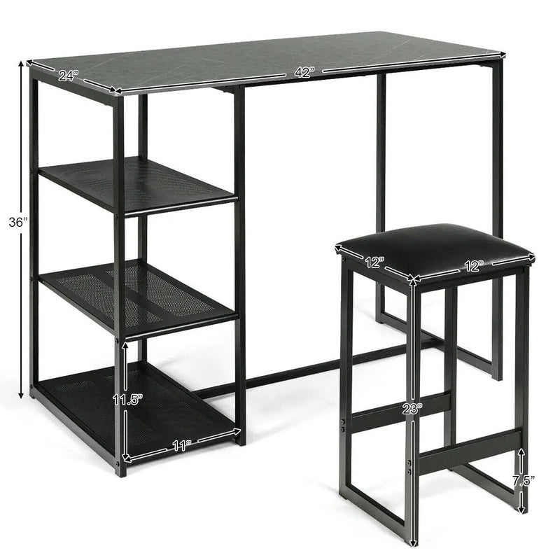 3 pcs Dining Set with Faux Marble Top Table and 2 Stools-Black by DirectDeals