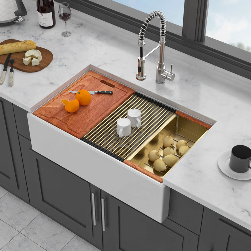 Workstation Single Bowl, Apron Front Kitchen Sink - White by HouseOfZazla