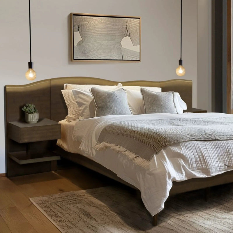 Queen Size Platform Bed Frame With Live Edge Headboard, Built In Nightstands - Dark Brown by Unique Piece Furniture