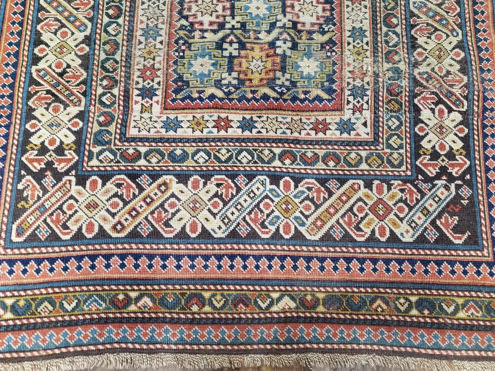 Caucasian Rug 3'9" x 5'7", Antique 1920s Collectible Caucasian Chi Chi Carpet, Hand Knotted, Colorful, Dark Blue Cream Red, Wool, Small Rug by Jewel Rugs