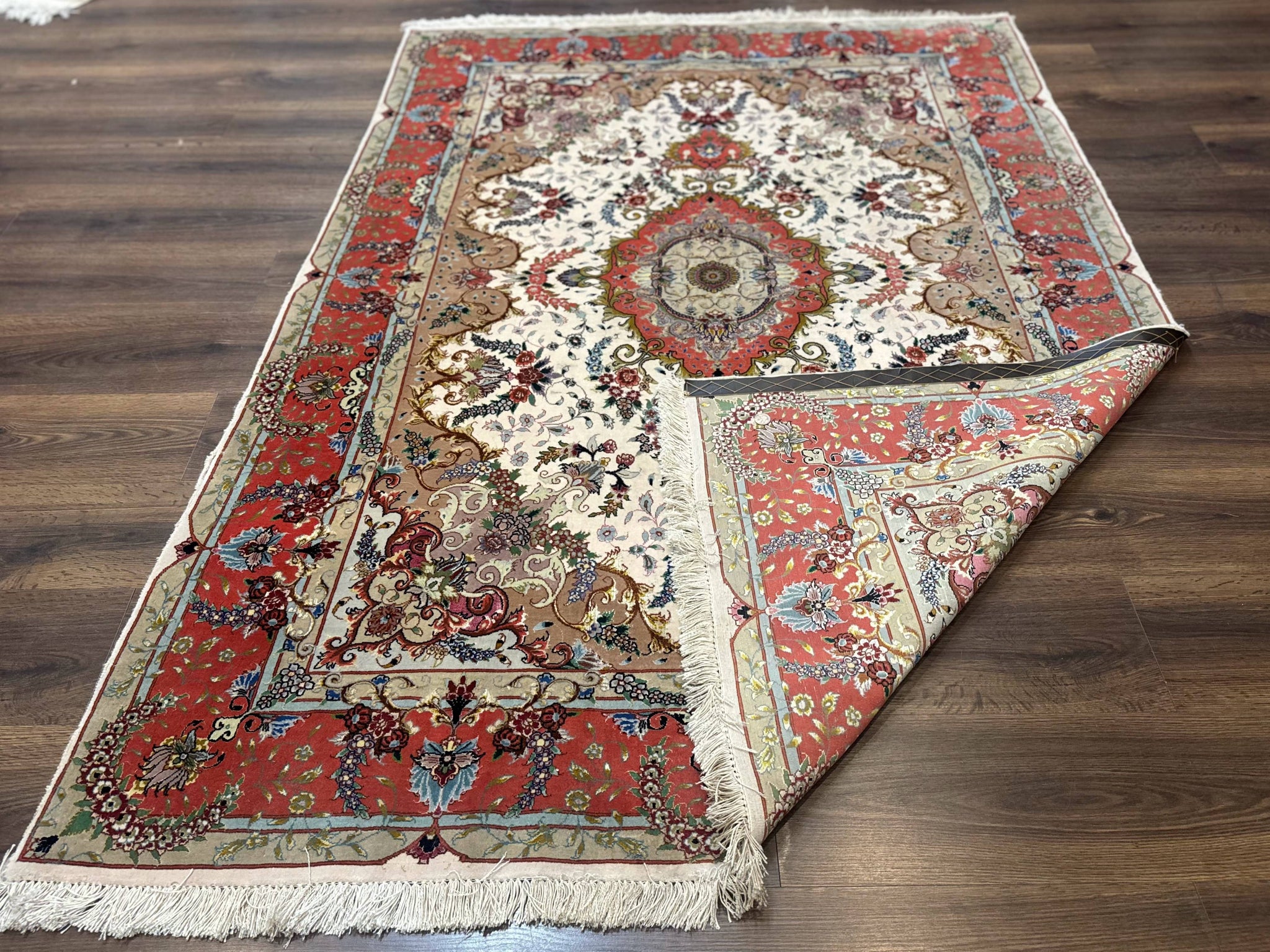 Wonderful Persian Tabriz Rug 5x7, Very Fine 440 KPSI, Ivory and Coral, Rare by Jewel Rugs