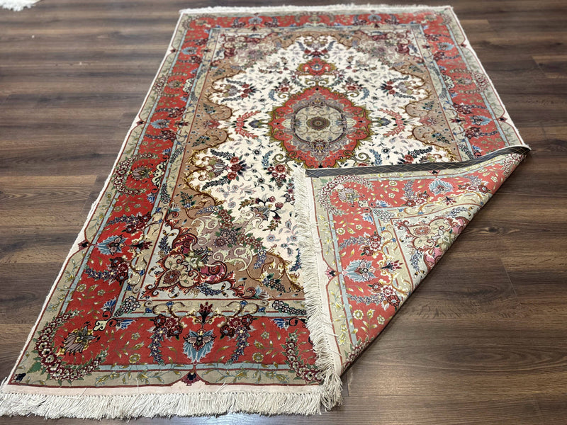 Wonderful Persian Tabriz Rug 5x7, Very Fine 440 KPSI, Ivory and Coral, Rare by Jewel Rugs