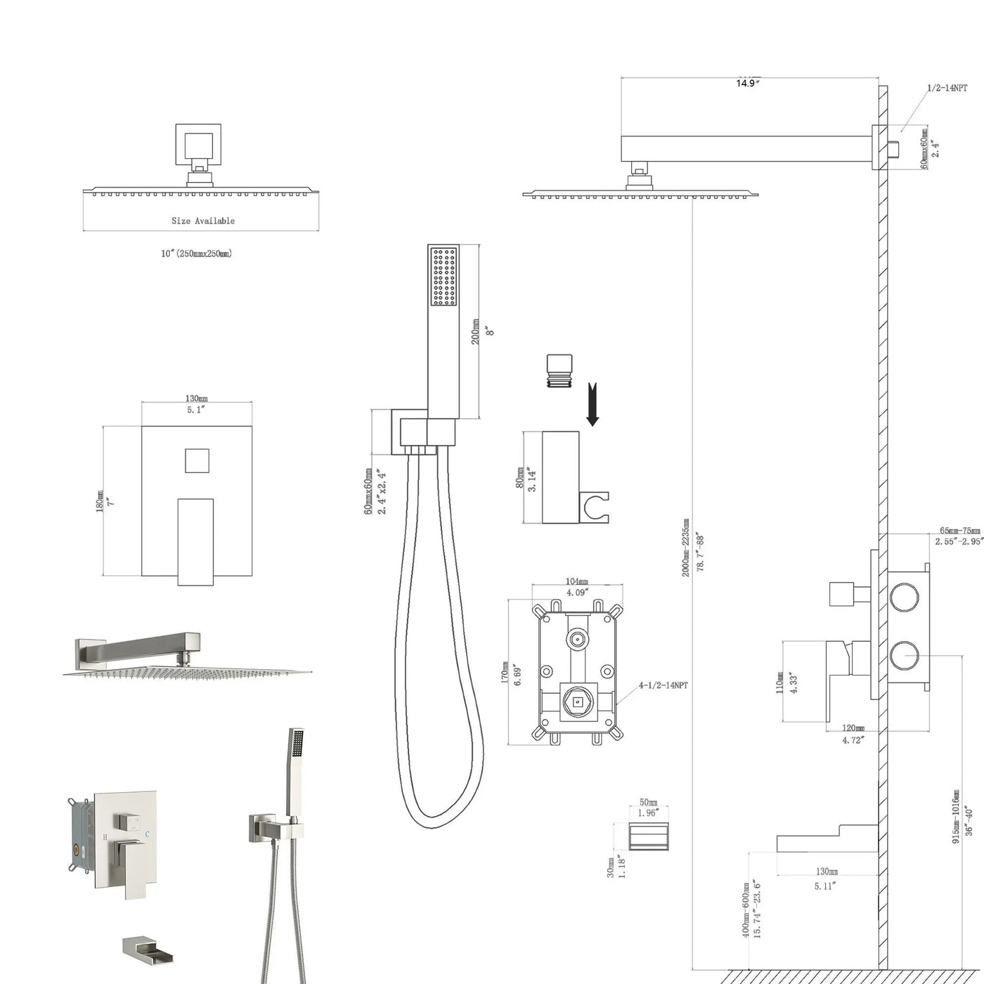 10" Wall Mounted Square Shower System With Rough In Valve by HouseOfZazla