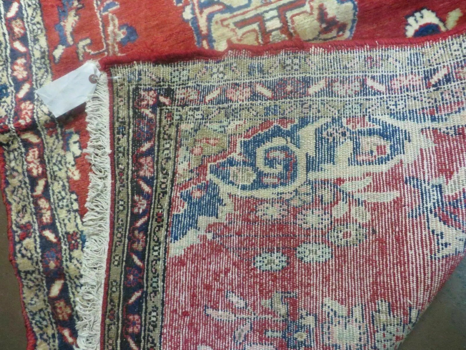 Persian Runner Rug 3 x 12, Antique Wool Oriental Runner, Floral Vases, Red & Navy Blue by Jewel Rugs