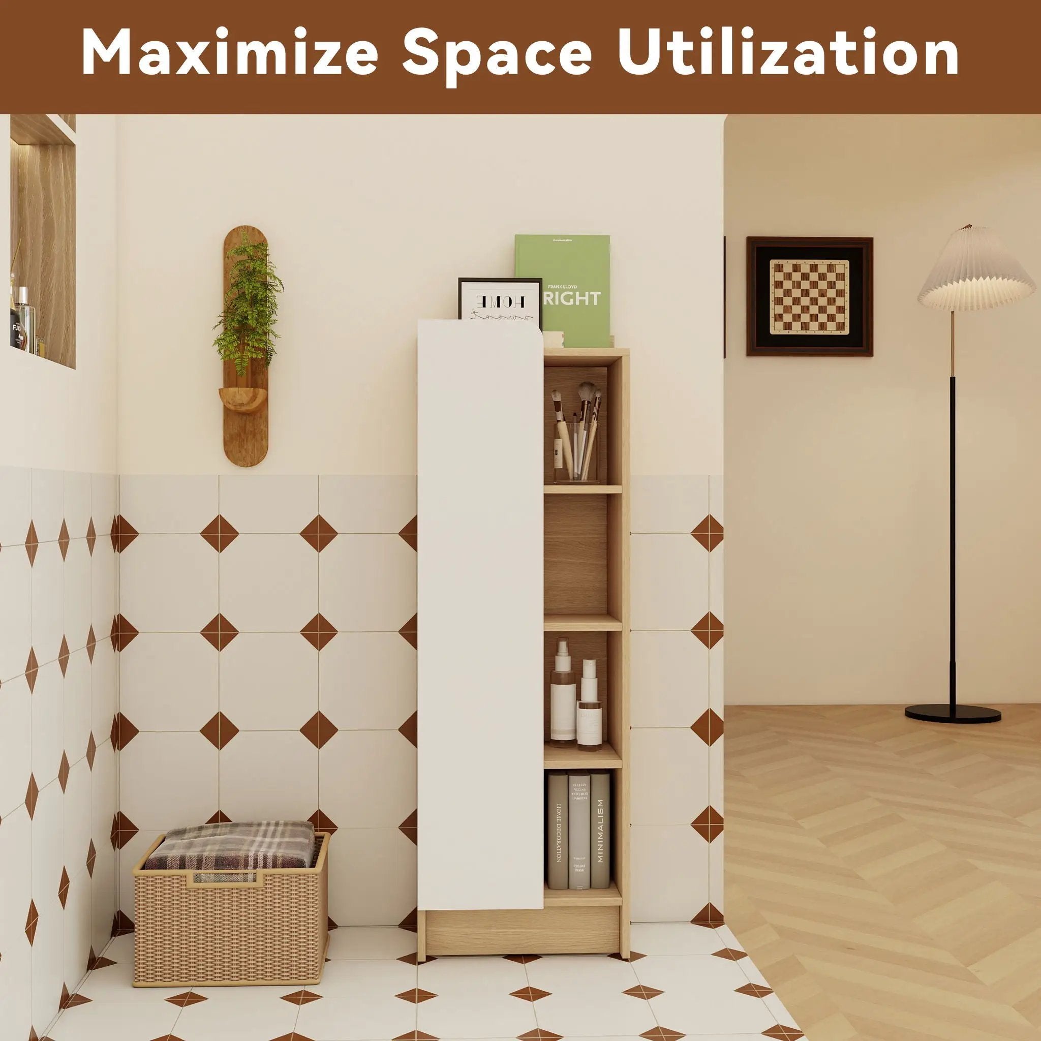 Tall Freestanding Bathroom Side Cabinet With Single Door & 4 Tier Open Shelves - Black / Light Oak / White by HouseOfZazla