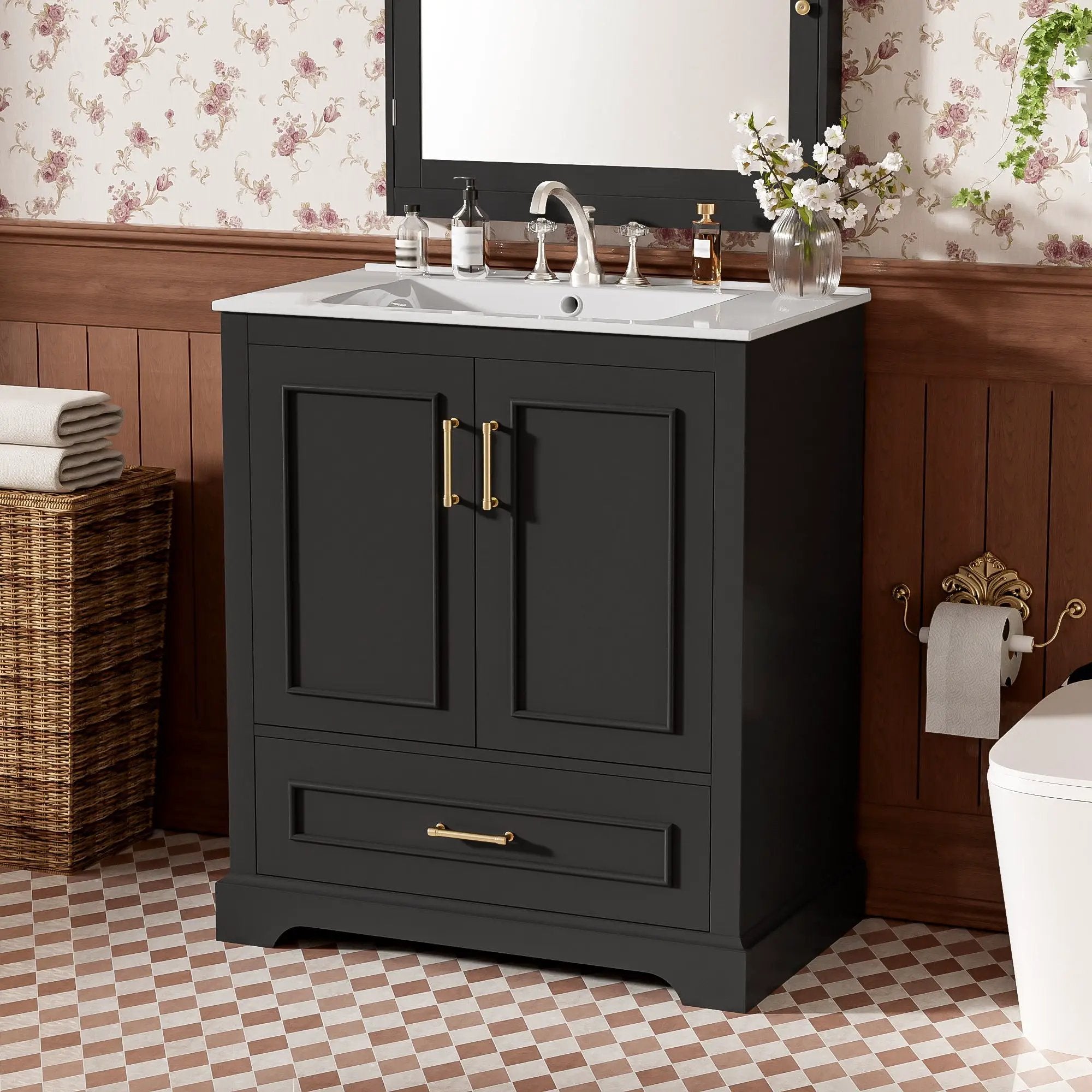 Bathroom Vanity With Sink, 1 Divided Drawer And 2 Soft Close Doors With Double Shelf by Unique Piece Furniture