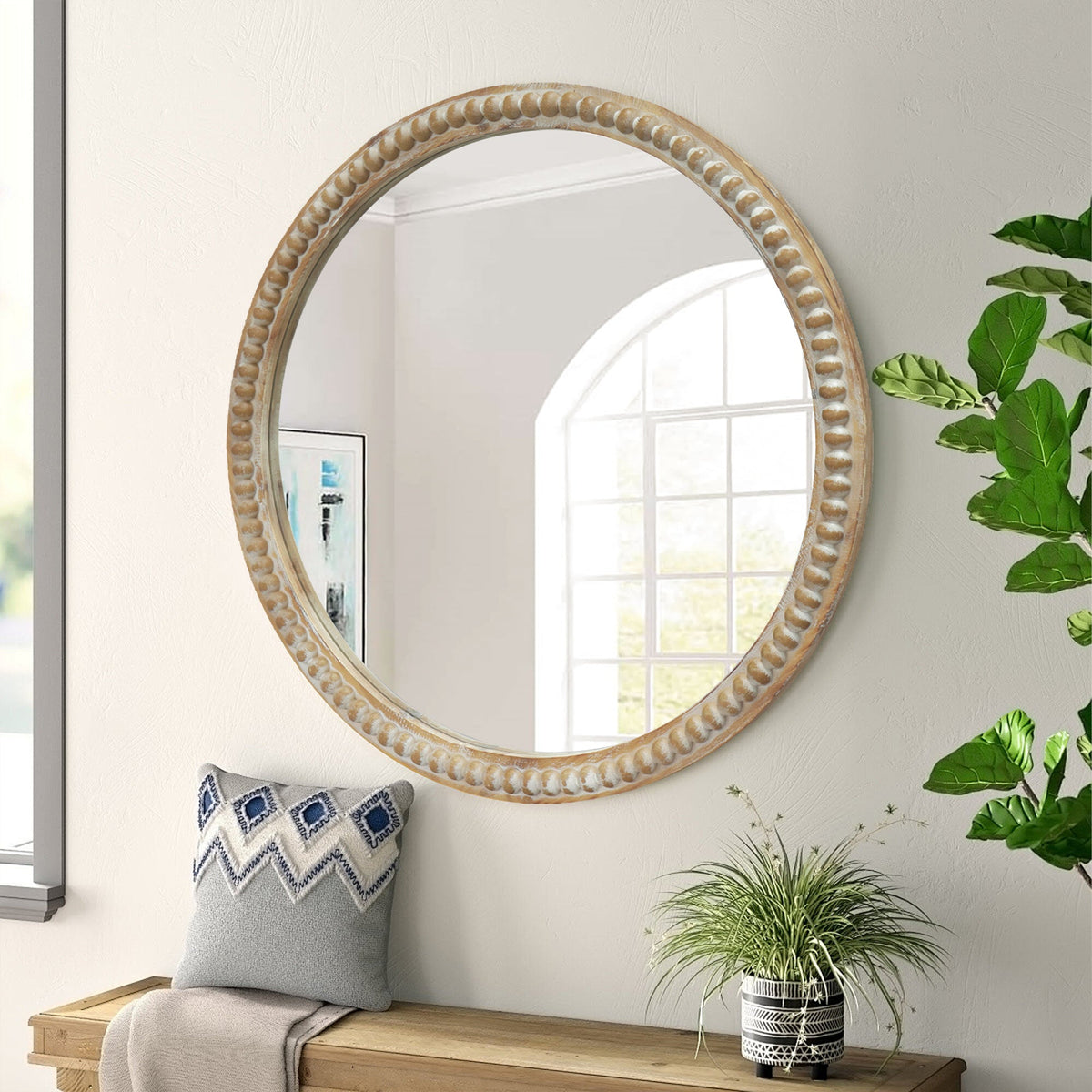 Round Decorative Wall Mirror with Distressed Wood Beaded Frame - 35.43"