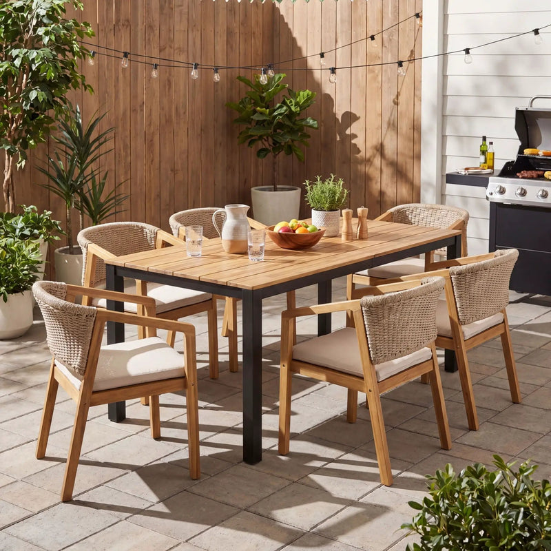 7 Piece Outdoor Dining Set With Table And 6 Chairs - Beige / Brown Mix / Light Teak / Teak by HouseOfZazla