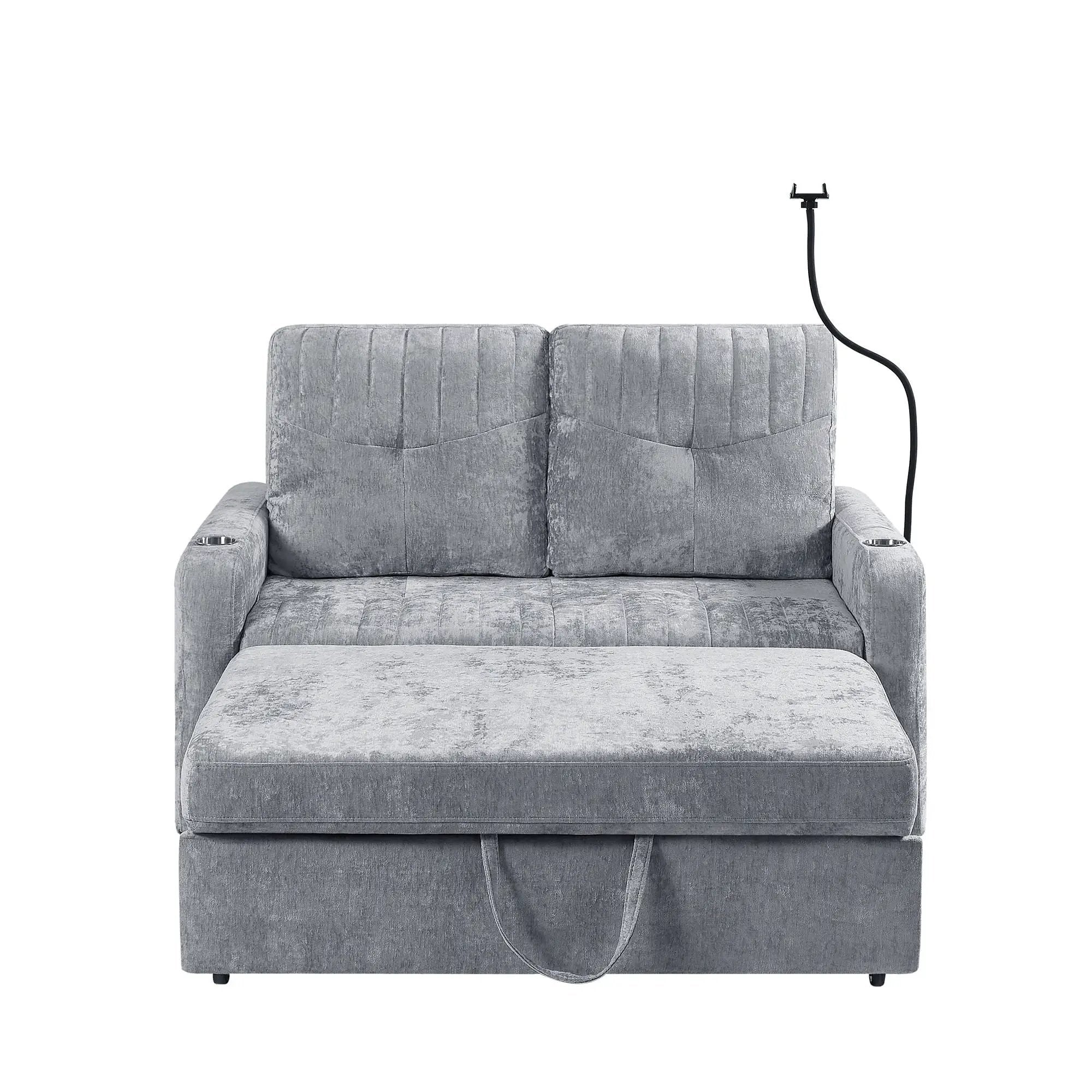 Modern Loveseat Pull Out Sofa Bed With Adjustable Backrest, Two Cup Holders, A Phone Holder, Three Charging Ports And Side Storage Pockets For Living Room by HouseOfZazla