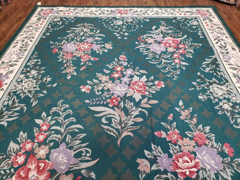 Chinese Needlepoint Rug 8x10, Vintage Green Area Rug, Hand-Woven Flatweave Floral European Design Carpet Wool Handmade 8x 10 Living Room Rug by Jewel Rugs