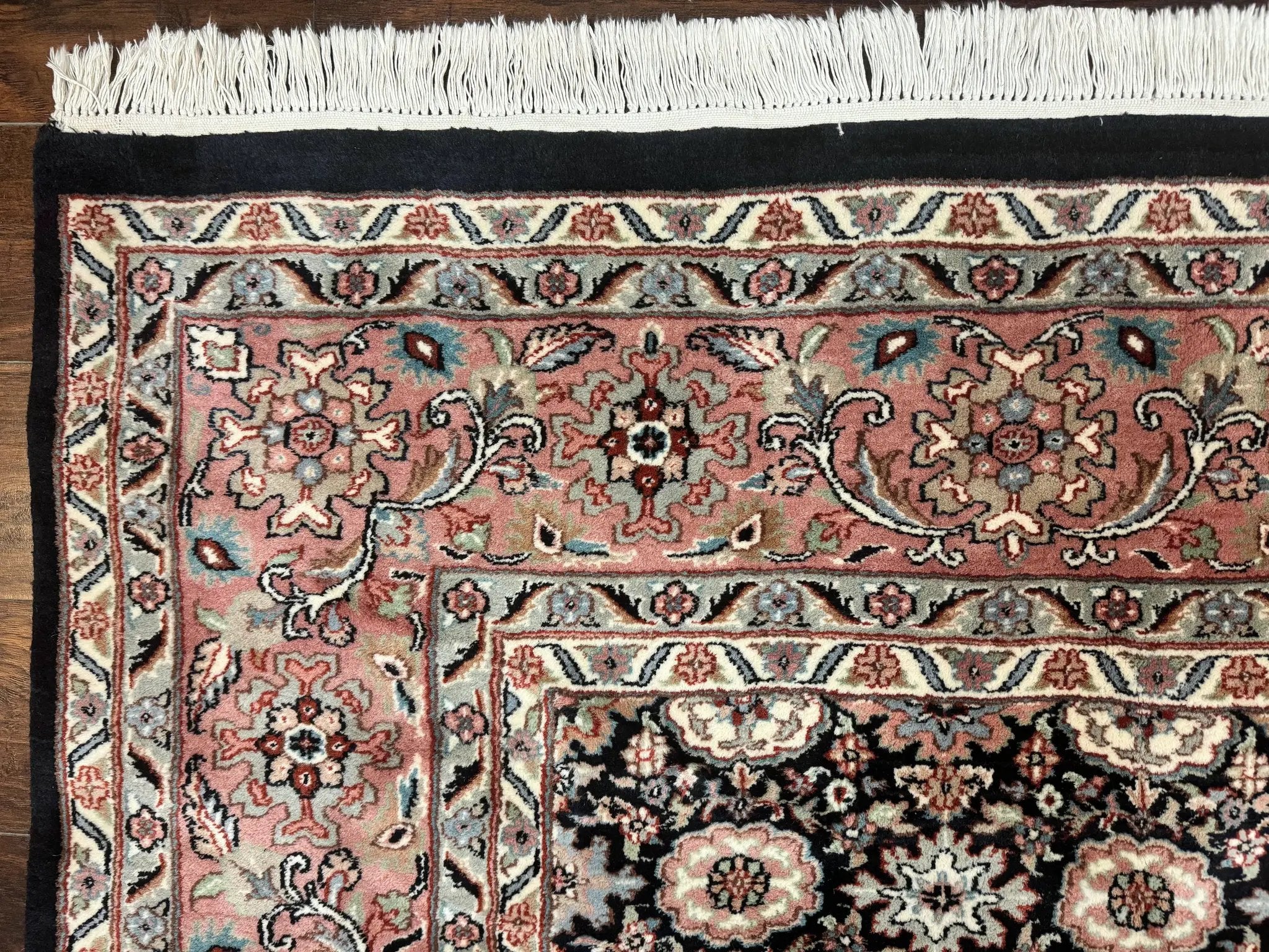 Indo Persian Rug 9x12, Vintage Handmade Wool Carpet, Repeated Allover Motif, Navy Blue and Pink by Jewel Rugs