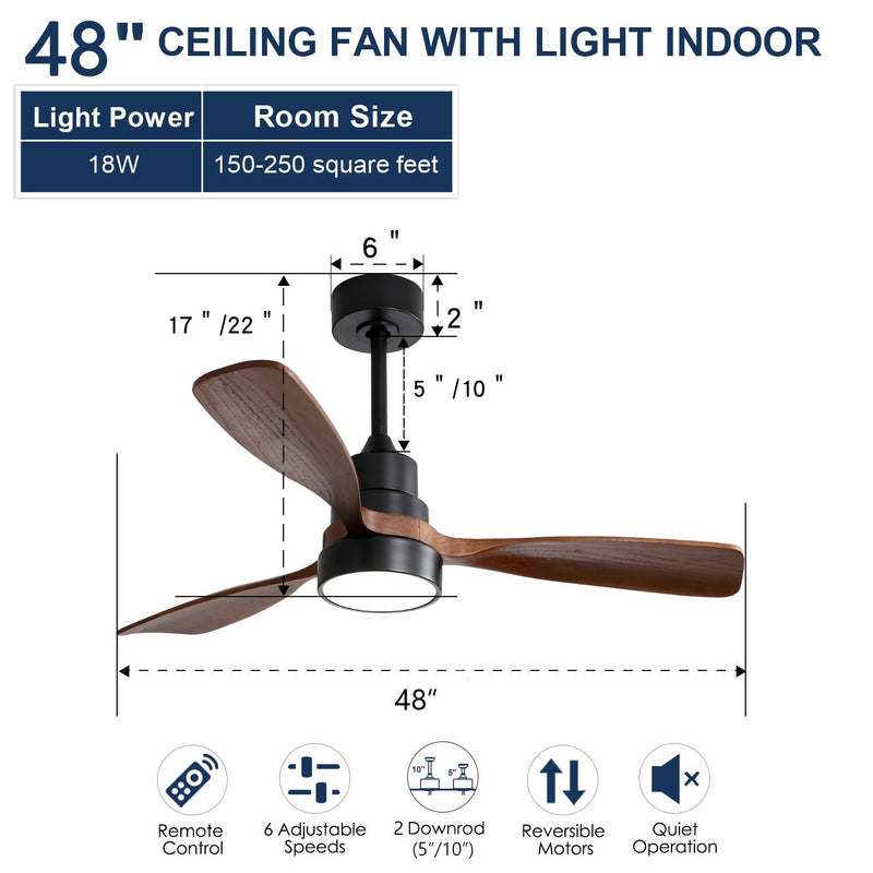 48 Inch Wood Ceiling Fan With 3 Solid Wood Blades and Remote Control by HouseOfZazla