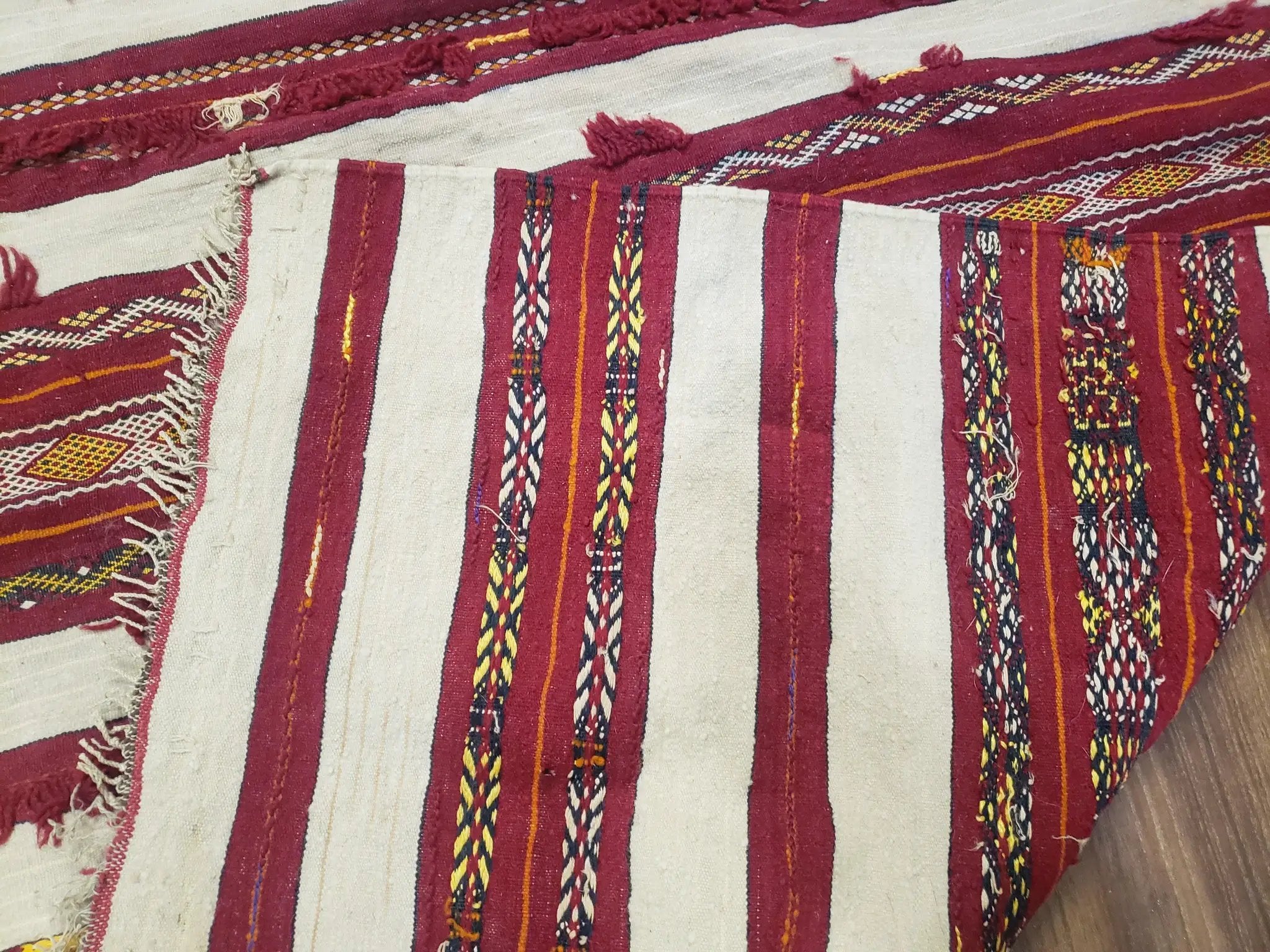 Antique Turkoman Yamud Rug 3x5 ft, 1920s Turkmen Sofreh Table Cover, Bohemian Rug, Tribal Collectible, Striped Rug, Handmade Ivory and Red by Jewel Rugs