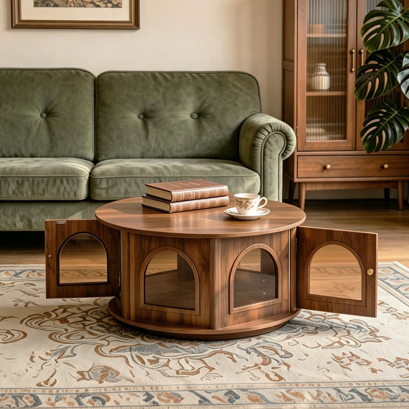 31.5" Round Coffee Table with Storage and Pet House - Dark Walnut, photo 3 of 8