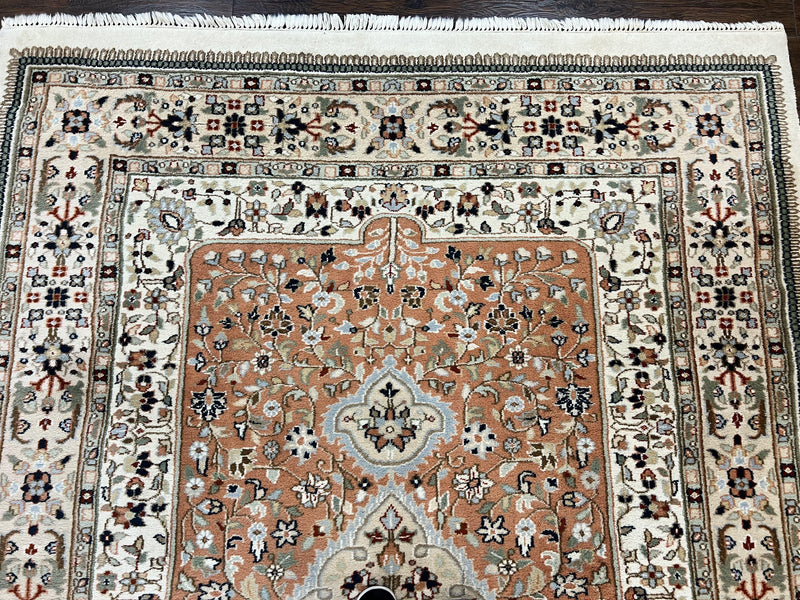 Indo Persian Rug 6x9, Wool Hand Knotted Vintage Carpet, Salmon & Ivory, Traditional Oriental Rug 6 x 9 by Jewel Rugs