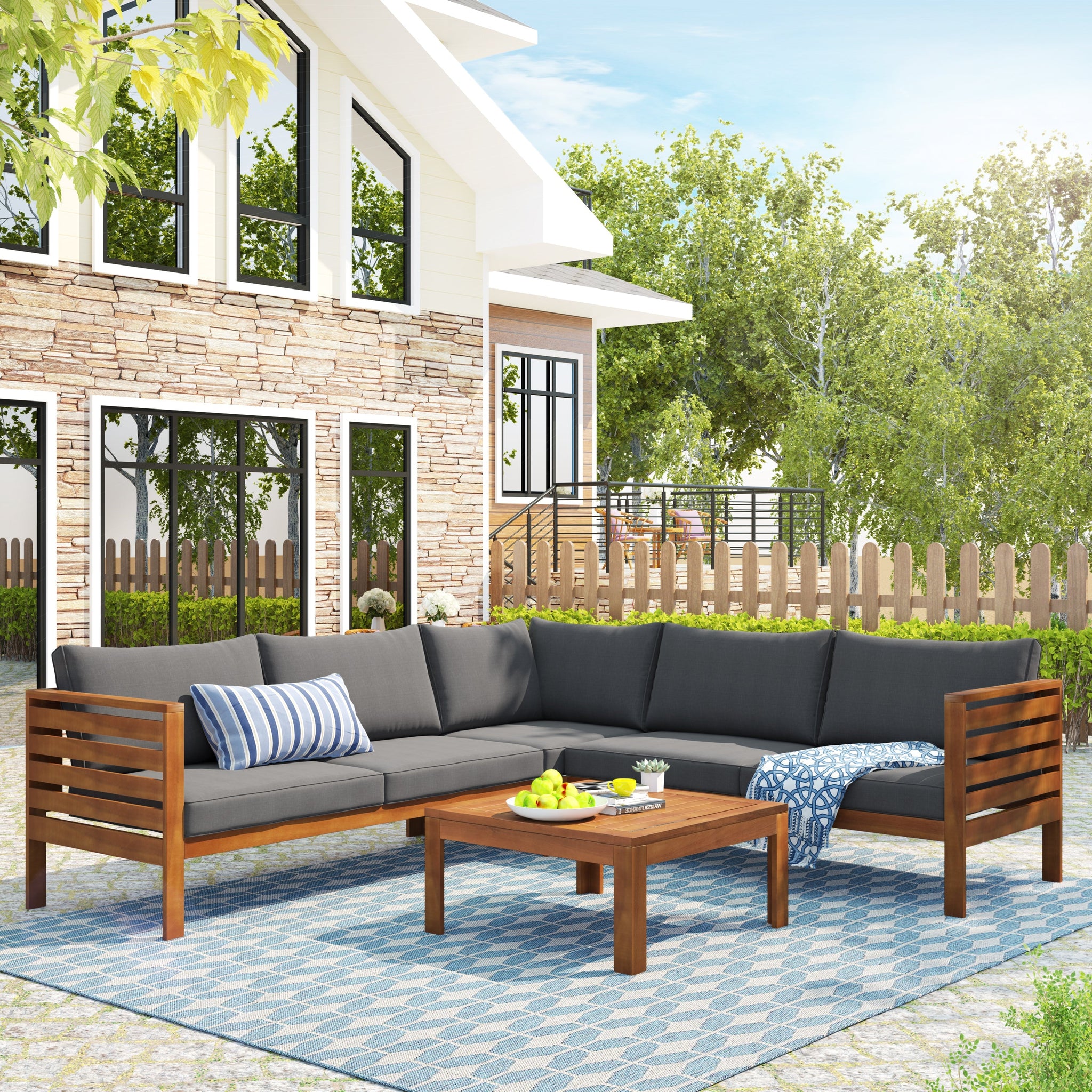 Wood Structure Outdoor Sofa Set with Gray Cushions by HouseOfZazla