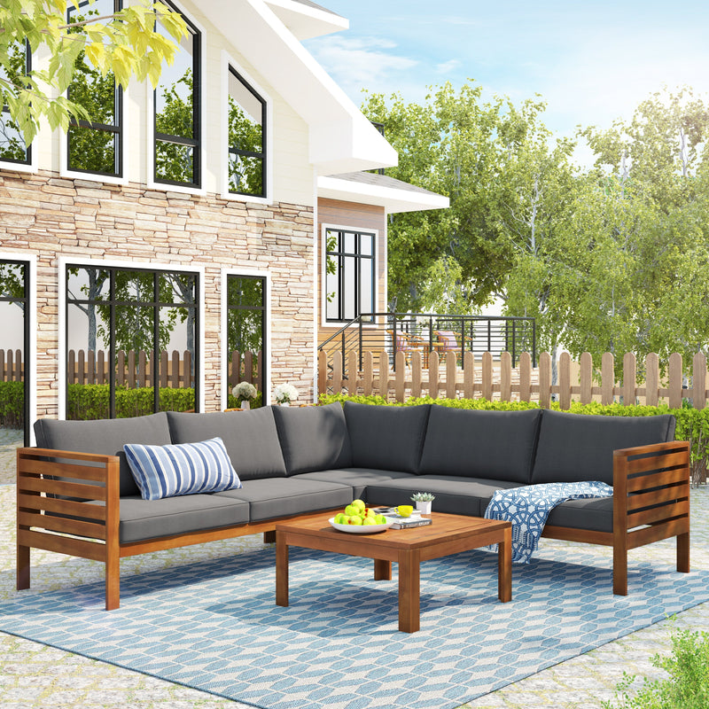 Wood Structure Outdoor Sofa Set with Gray Cushions by HouseOfZazla
