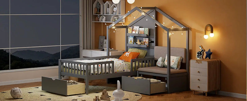 House Bed With Upholstered Sofa, Wireless Charging Station, Shelves And 2 Drawers by HouseOfZazla