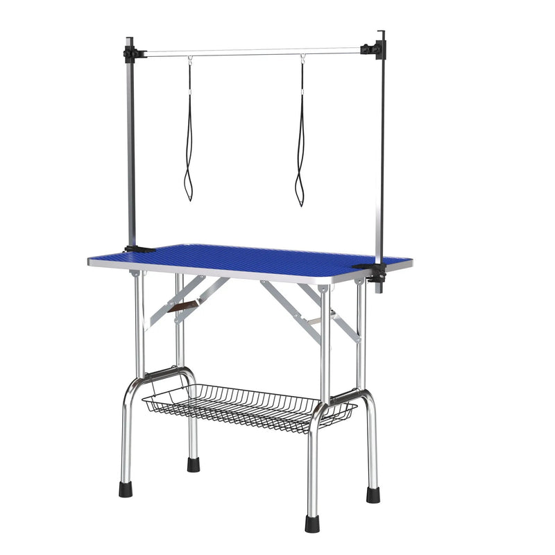Folding Dog Pet Grooming Table Stainless Steel Frame Rubber Mat On Board With Adjustable Arm And Clamps Pet Dog Cat Grooming Table by HouseOfZazla