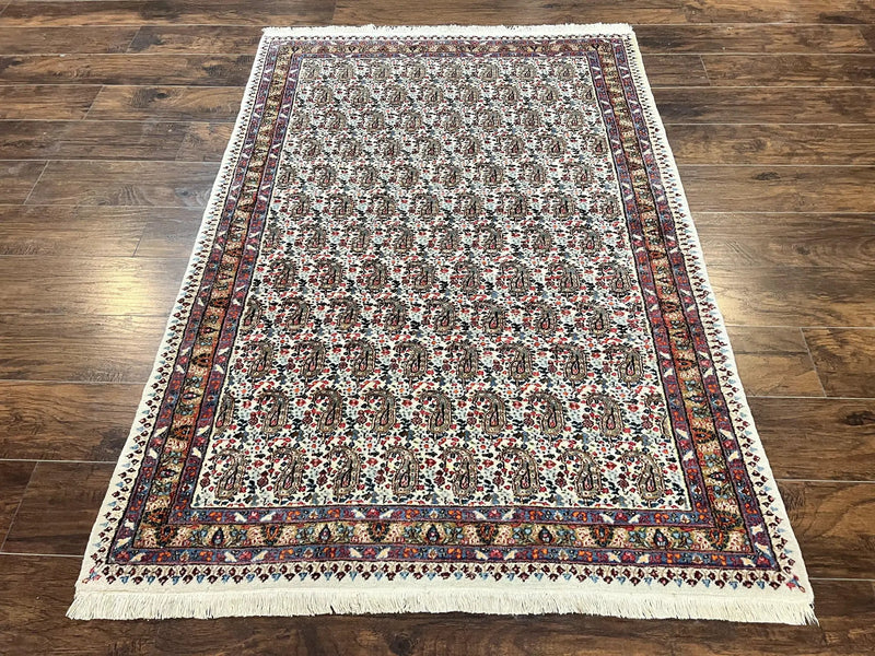 Persian Rug 4x6, Mashad Kashmar Rug, Boteh Paisley Design, Allover Repeated Pattern, Ivory Hand Knotted Vintage Semi Antique Persian Oriental Carpet by Jewel Rugs